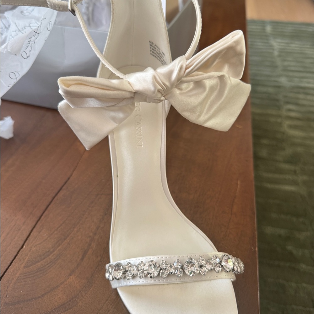 Oleg Cassini Ivory Satin Bow Crystal-Embellished Heels